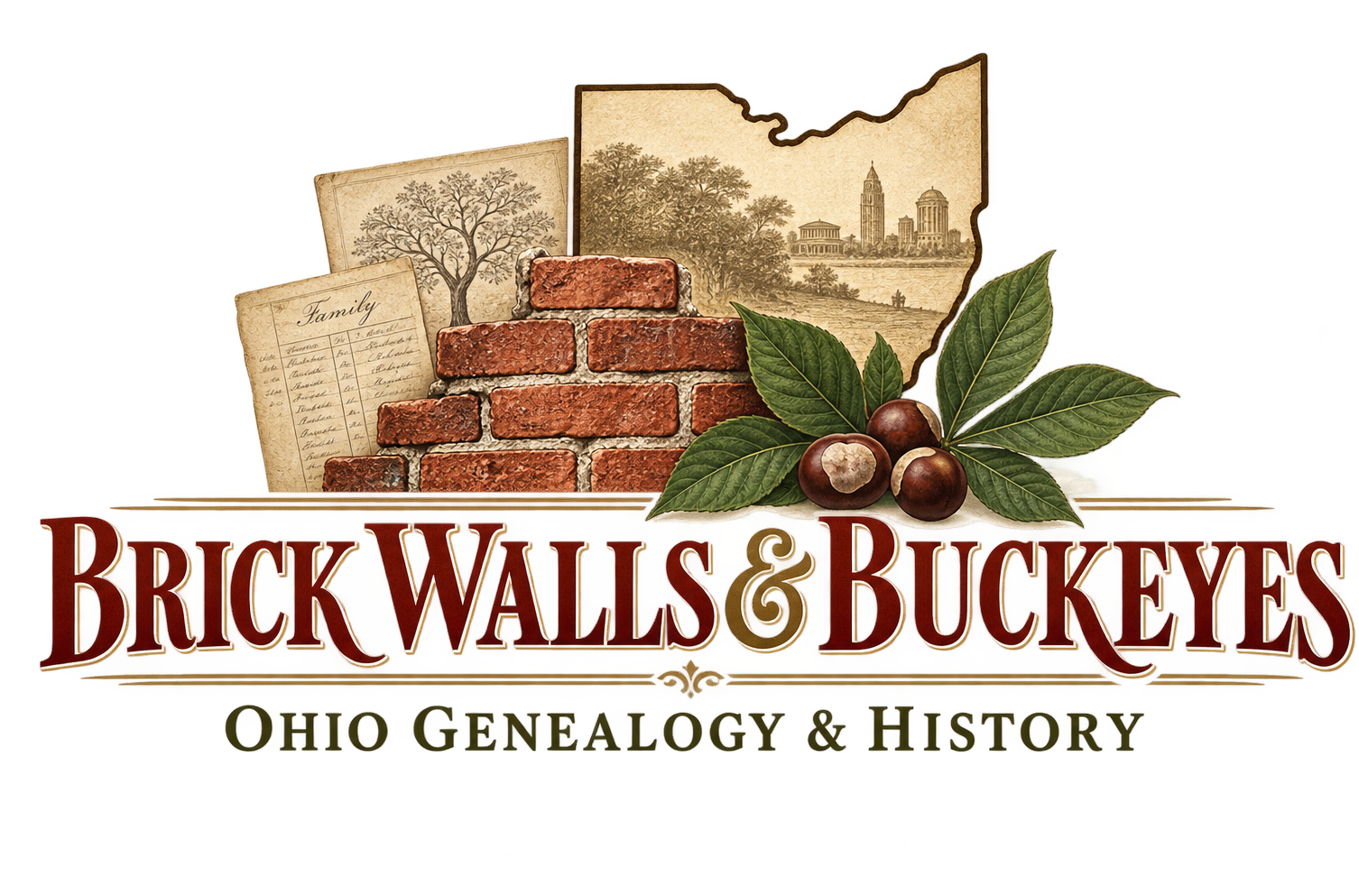 Brick Walls & Buckeyes: Ohio Genealogy & History — a family tree record, a brick wall, and an Ohio county map with buckeye leaves